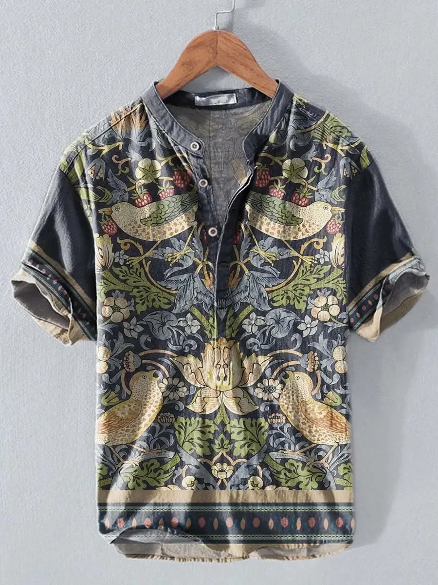 

New Simple Watercolor Yellow Narcissus Printed Men's Short sleeved Henley Shirt with Literary and Casual Style