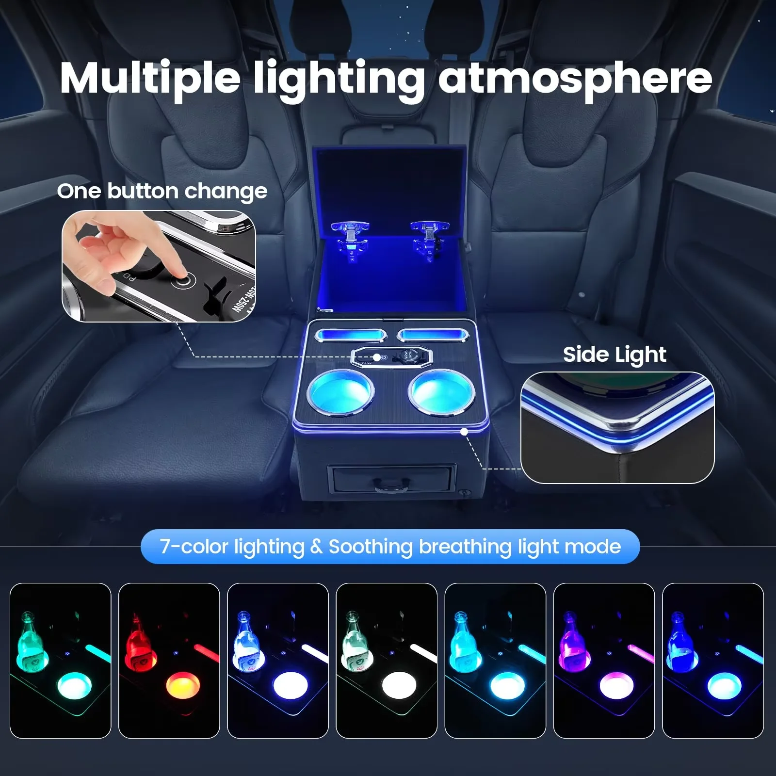 Center Console 7-Color Mood Lighting Center Console Organizer Rear Armrest Back Bench Seat Storage Box for Car Minivan Van Truck - Image 5