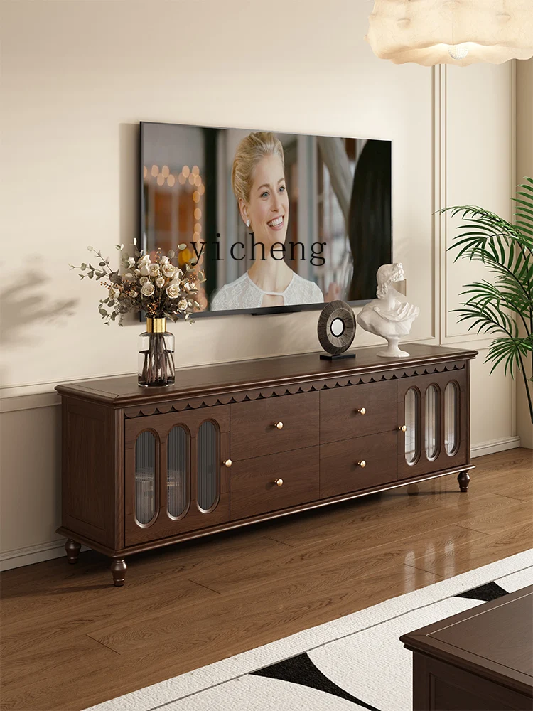 ZC TV Cabinet and Tea Table Complex Combination Ancient Solid Wood High Living Room Storage Cabinet Walnut Color Floor Cabinet