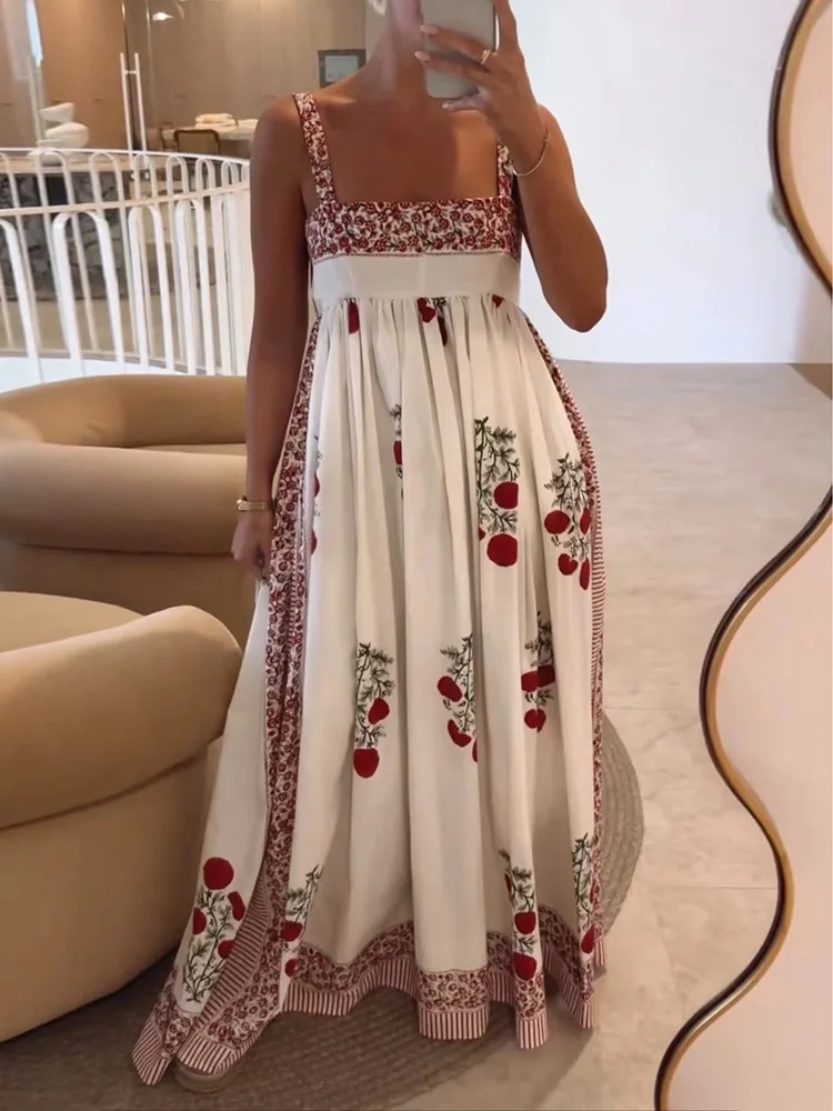 

Sleeveless Elegant Simple Printing Party Dress, Women Summer Square Collar Patchwork Maxi Dress, New Backless Sweet Ladies Dress