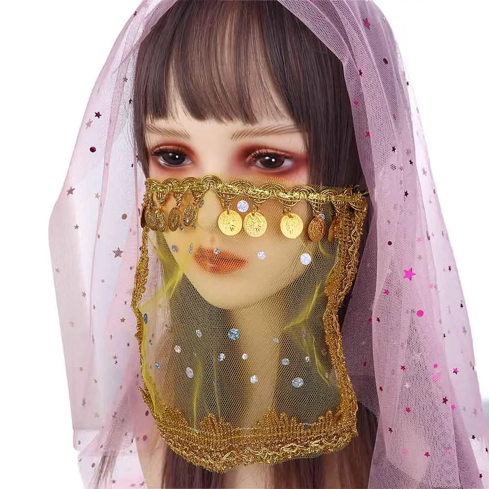Embroidered Sequins Women Indian Dance Belly Dance Costumes Performance Accessories Mesh Rhinestone Face Veils