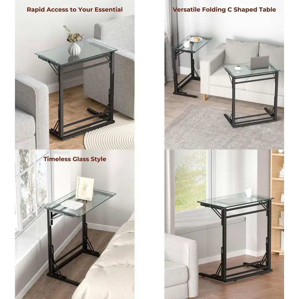 

24 Glass Top Folding TV Tray, Metal Frame Sofa Side Table, Compact Laptop Desk for Living Spaces and Bedrooms