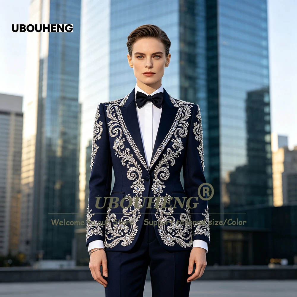 Brilliant Crystals Beading Women Suits Slim Fit Jacket Pants 2 Piece Sets Bride's Mother Dress Customized Lady Business Tuxedo