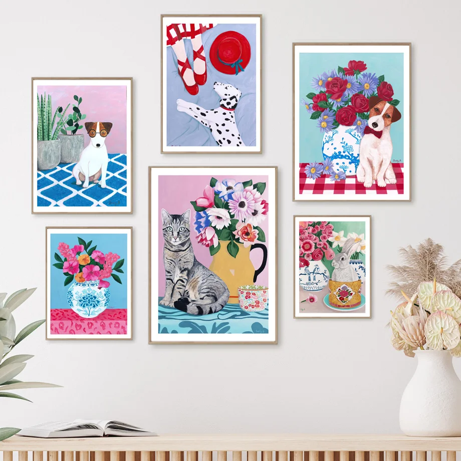 Colorful Pet Wall Art Dog Cat Rabbit Flower Print Maximalist Boho Animal Canvas Poster Modern Home Decor for Living Room Bedroom