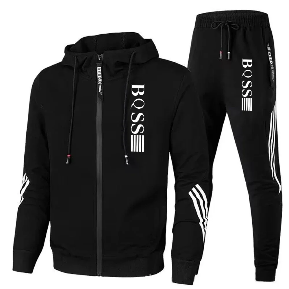 New Spring and Autumn men's sportswear set, outdoor hiking windproof and warm men's hooded jacket + jogging pants 2-piece set