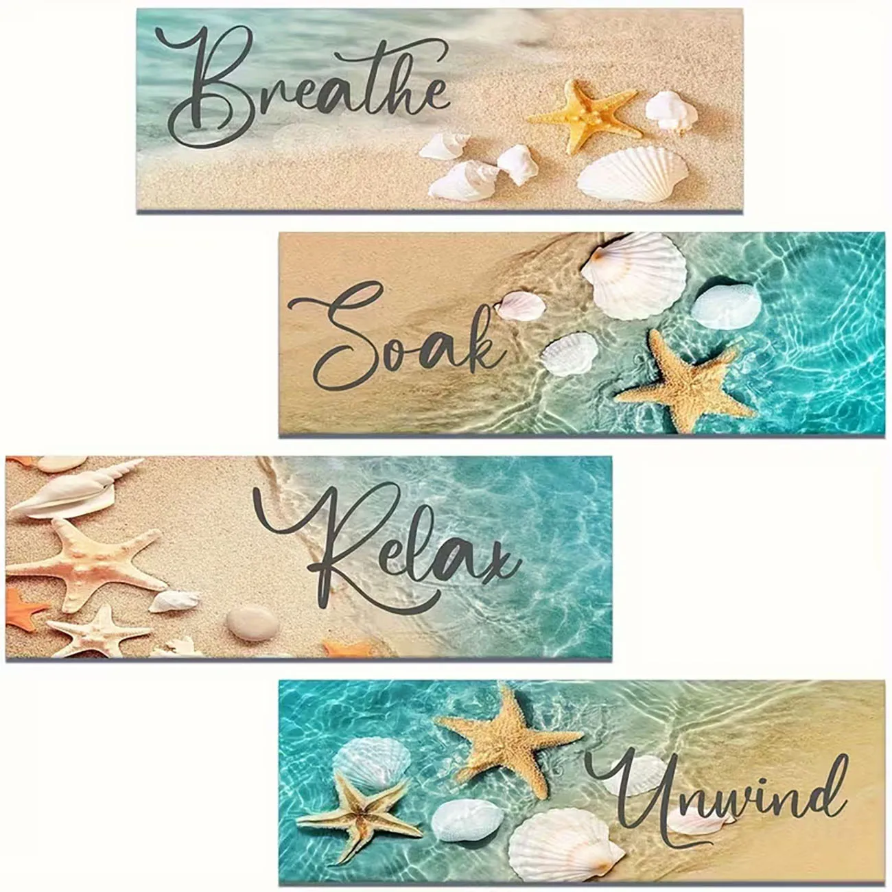 4Pcs 2D Flat Beach Wooden Wall Stickers, Ocean Shell & Starfish Print, Bathroom Decor with Relax Words, Nano Tape Included