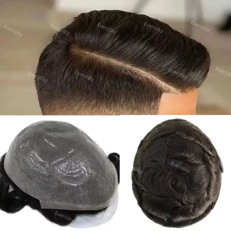 عالية الجودة غير مرئية 0.02-0.03mm رقيقة الجلد Fullpu ذكر شعر مستعار الرجال الشعرية الاصطناعية 90% الكثافة استبدال هيربيسي الطبيعي