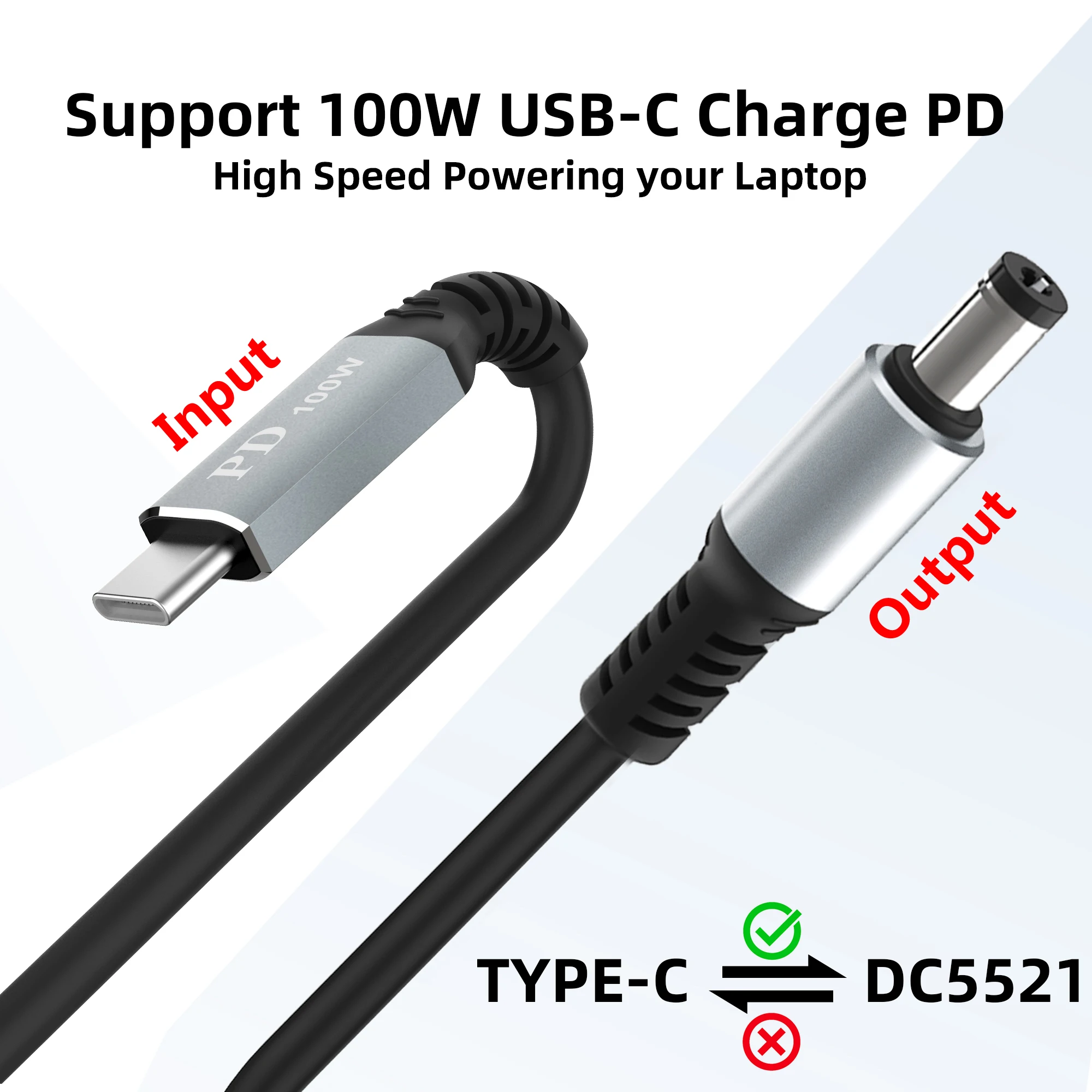 (2m) Kabel USB C do DC 5,5 mm x 2,1 mm do ładowania laptopa (5521), 20 V USB typu C z męskim wejściem do męskiego kabla DC 5521 mm do 100 W