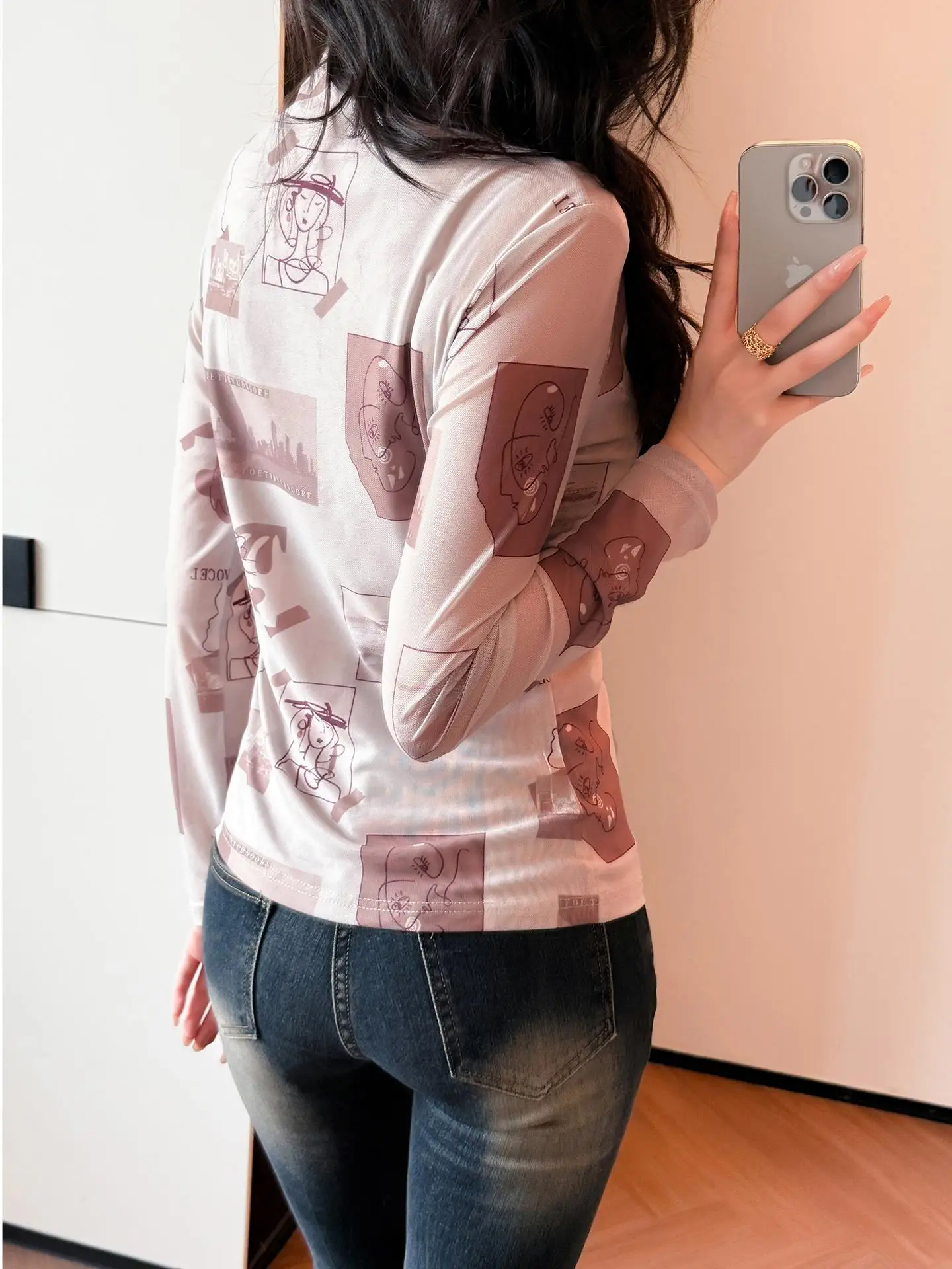 패셔너블 프린트 롱 슬리브 하이 칼라 여성용 가을 겨울 슬림 핏 슬리밍 이너웨어 탑 트렌디