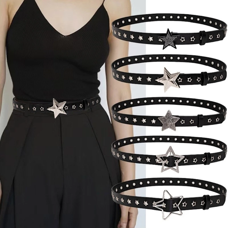 Adult Teens Unisex Punk PU Leather Waist Belt with Adjustable Star Buckle Women Men Decorative Waistband for Coat Skirts Jeans