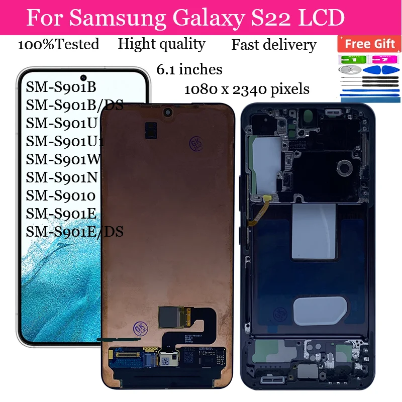 

100% AMOLED For S22 S901B Display For Samsung Galaxy S22 SM-S901B/DS S901U S901W S901N LCD Touch Screen Digitizer Replacement