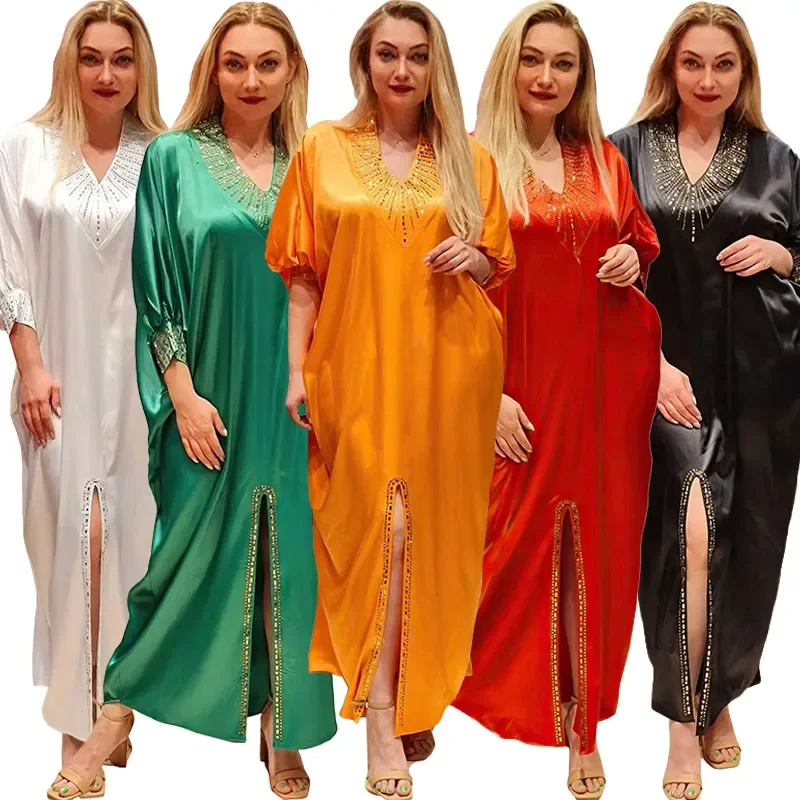

African Dresses for Women Diamonds Muslim Dress Split Hem Africa Dashiki Boubou Robe Muslim Dress Dubai Abaya Turkey Kaftan Gown