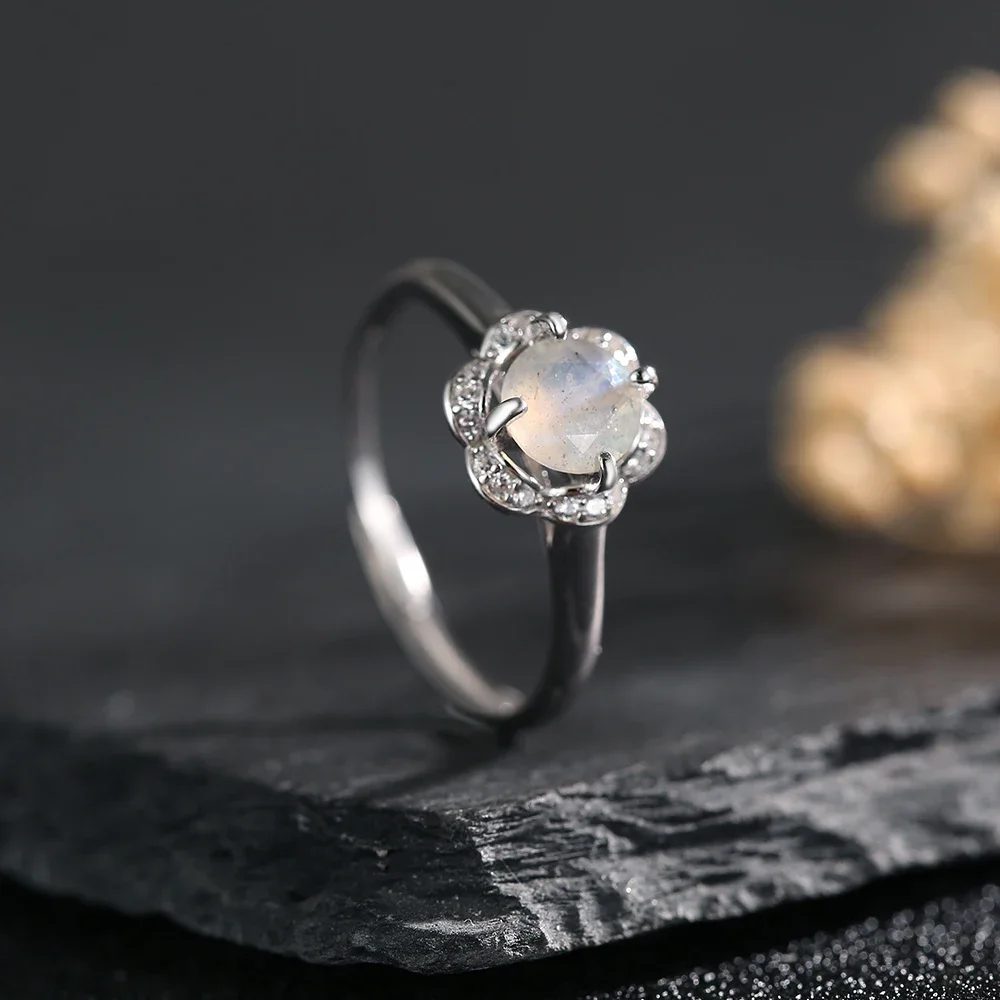 

Natural Moonstone S925 Silver Ring for Women Adjustable Open Band Handmade Floral Birthstone Boho Jewelry