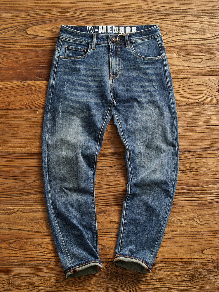 Джинсовые джинсы с завышенной талией, мужские узкие прямые повседневные брюки, рваные винтажные универсальные модные длинные брюки, городская весенняя коллекция