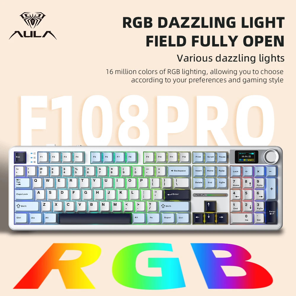 AULA F108 Pro Wireless Gaming Mechanical Keyboard Full Size Hot Swap Gasket Tri Mode Bluetooth/2.4G/USB RGB TFT Display Knob