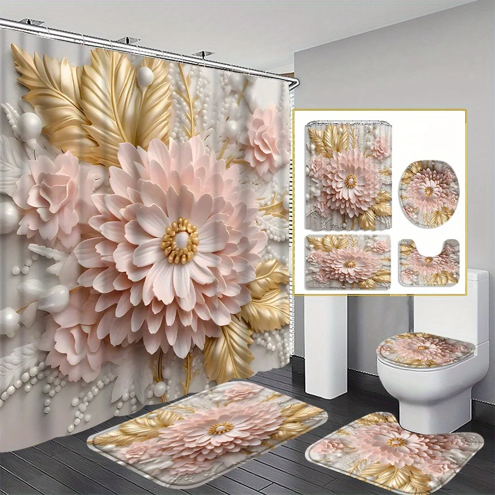

[Waterproof Shower Curtain Three-Piece Set] 4pcs Halloween Pumpkin Wood Grain Curtain Shower Curtain Decoration, Beautiful House