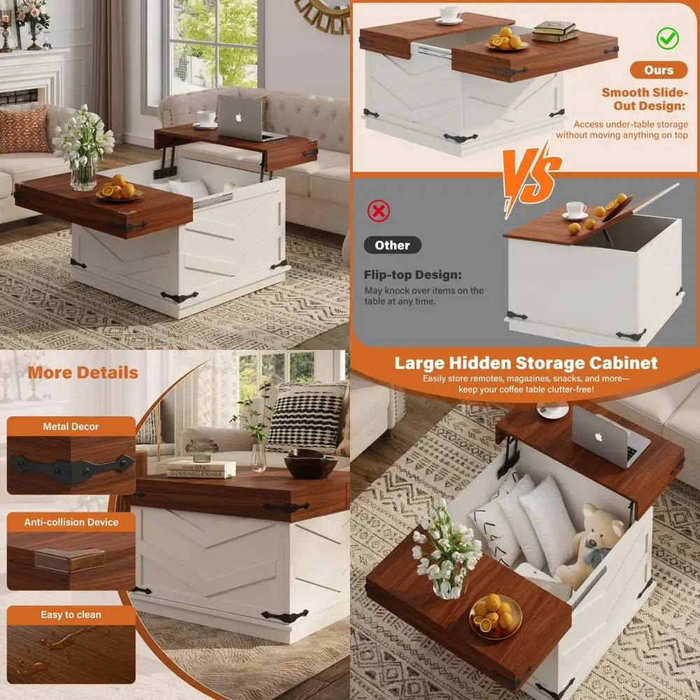 

Журнальный столик с подъемным верхом, квадратный центральный столик с раздвижной вершиной и большим скрытым органайзером для хранения, многофункциональный кофейный столик в фермерском доме.