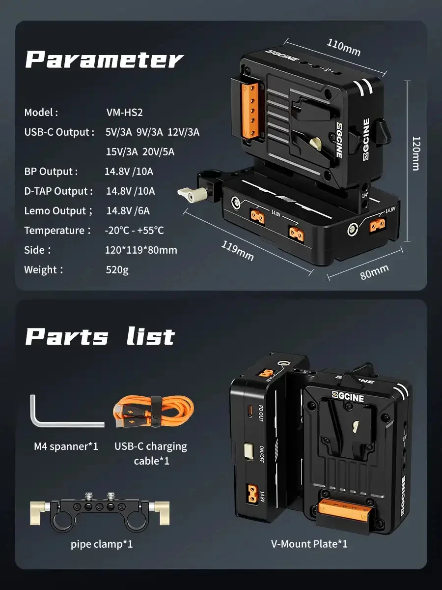 ZGCINE VM-HS2 Hot Swap/Shark Fin Dual Micro V Mount Battery Plate с 15-мм стержневым зажимом V-Lock Battery Plate USB-C PD 100W выход