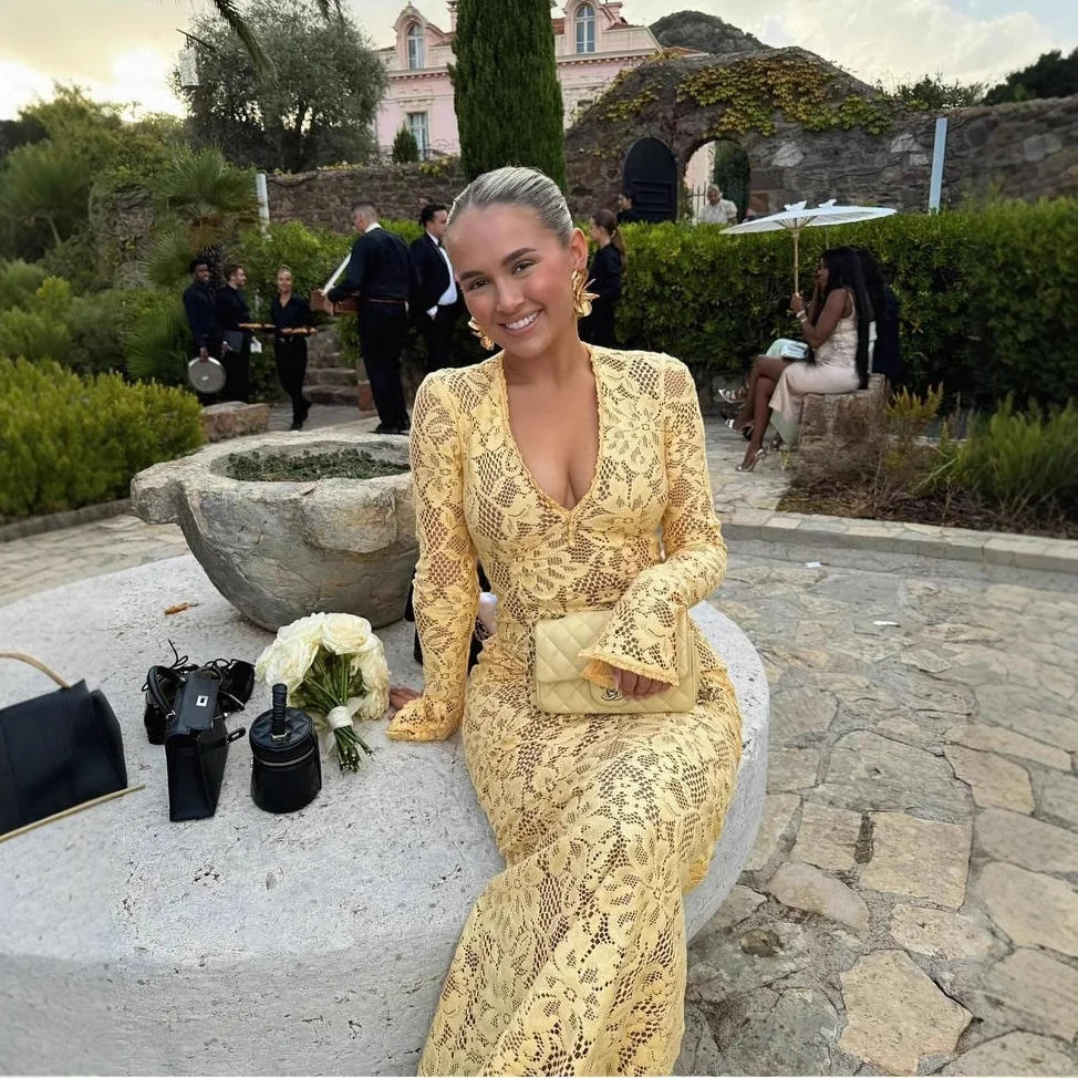 Vestido Sexy de Manga Longa com Decote em V Profundo em Malha com Cauda de Peixe Alta Cintura Primavera Modelo Básico Fen...