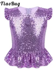 Kids Girls Sparkly Sequins Mermaid T-Shirts Tops Short Flutter Sleeves Peplum Top Halloween Carnival Theme Party Cosplay Costume