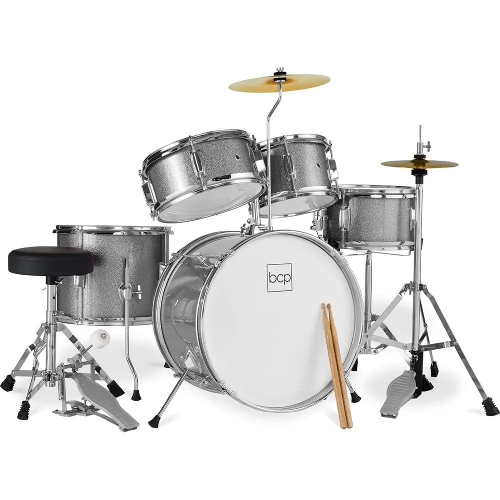 

5-Piece Junior Drum Set with Cymbals, Pedal, Snare, Drumsticks, and Stool - Silver Sparkle