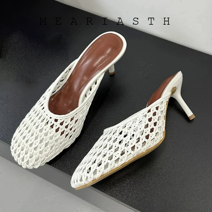 

2026 Summer Hollow Out Breathable Mesh Weaving rouned toe Women Slippers Fashion Thin Heels Party Dress Mule Shoes Large Size 43
