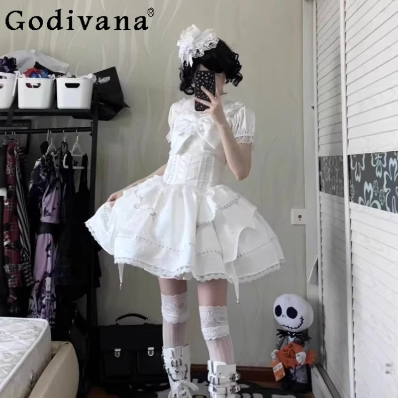 

White Goth Slim Tube Top Skirt Set Japanese Subculture Halloween Lolita Cos Y2k Split Dress Girls Sweet Cool High Waist Skirt