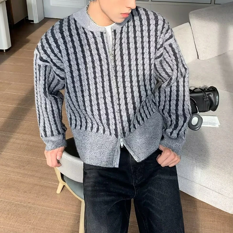 Abrigos de punto de ganchillo torcidos a la moda para hombre, cárdigan de punto ajustado a la moda de otoño, Tops informales para hombre con cuello redondo y cremallera, chaquetas