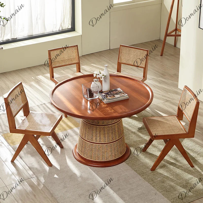Japanese Style Solid Wood Round Dining Table Wabi Sabi Small Space Rattan Table Set for Home