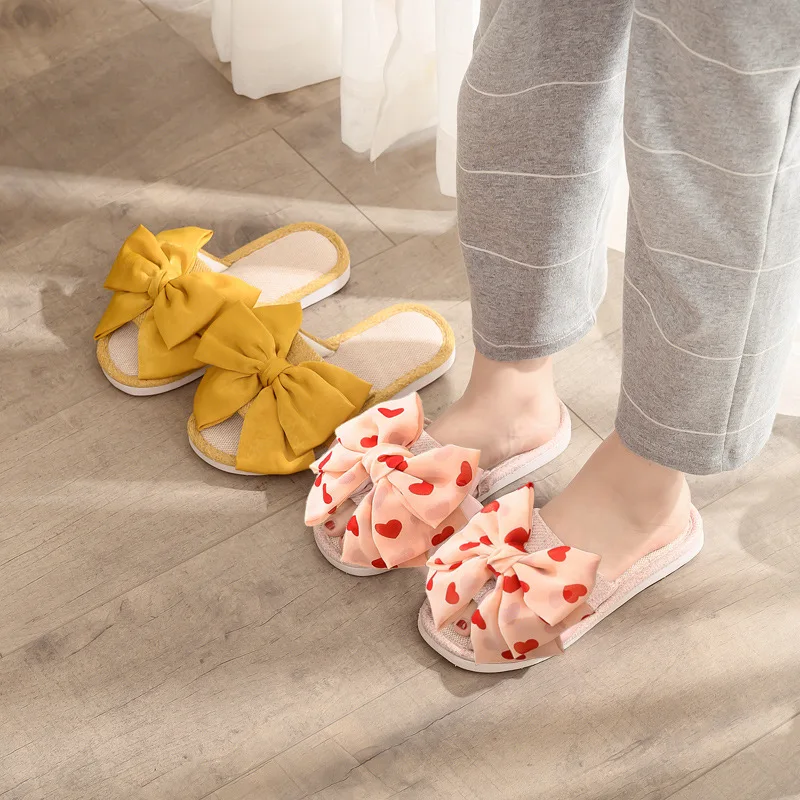 New Fashion Bow Linen Slippers Spring and Summer Indoor and Outdoor Floor Open-Toe Slippers All Seasons Slippers