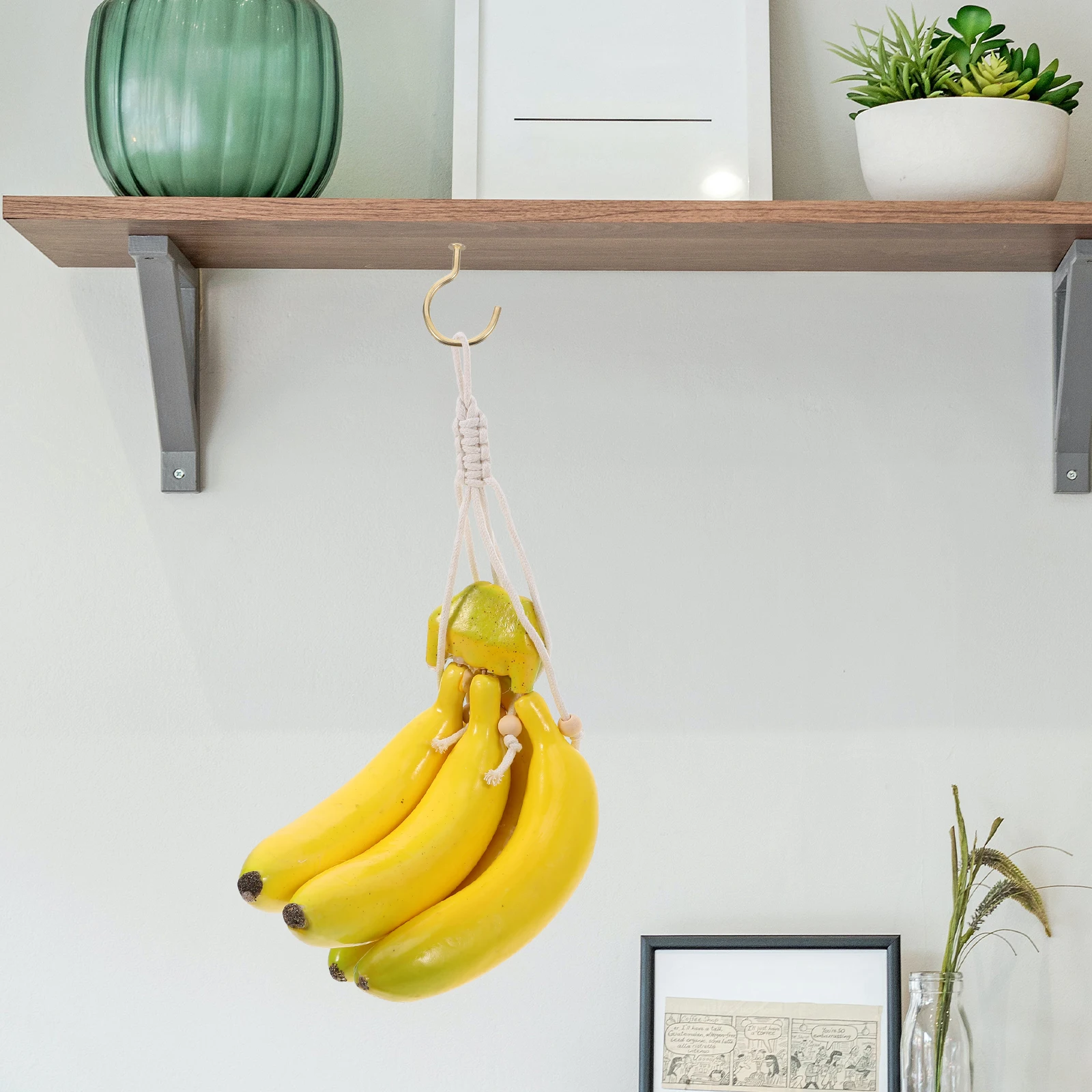 

2pcs Wooden Beads Cotton Rope Banana Hanging Container Storage Stand Hook Fruit Under Cabinet Hanger Original Color Long