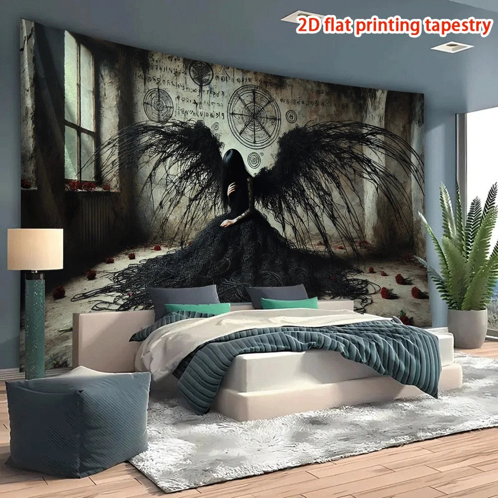 Gothic Fallen Angel Wall Hanging Tapestry, Dark Occult Symbol Art Decor Fabric, Unique Mysterious Ornament For Home Room