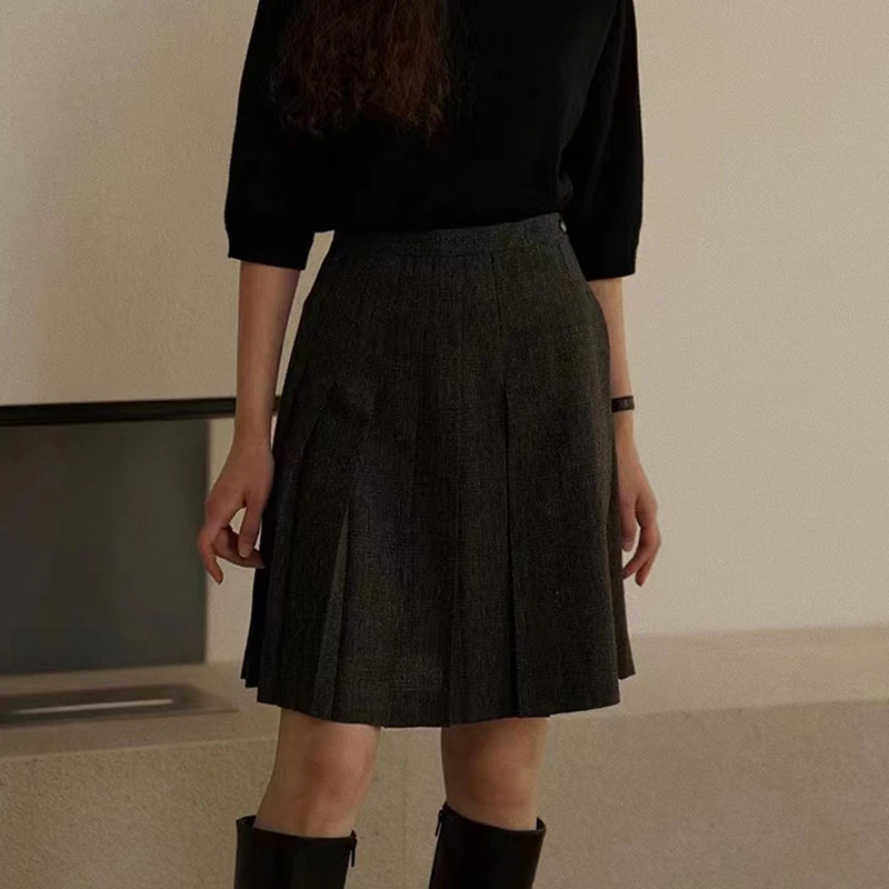 

Deep Grey Slimming A-Line Skirt High Waist Pleated Design Spring Autumn New Style Women's Fashion Elegant Half-length Skirt