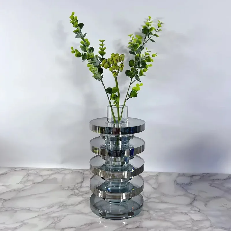 Modern Blue Crystal Glass Vase For Living Room Dining Table Home Decor Simple Flower Arrangement Container Hotel Office