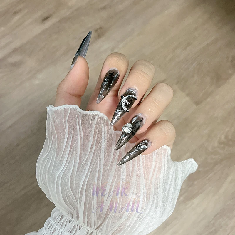 Handmade Punk Dark Long Stiletto Press on Nails Wearable Artificial With Art Designs Full Cover Manicuree  Rhinestone False Tips