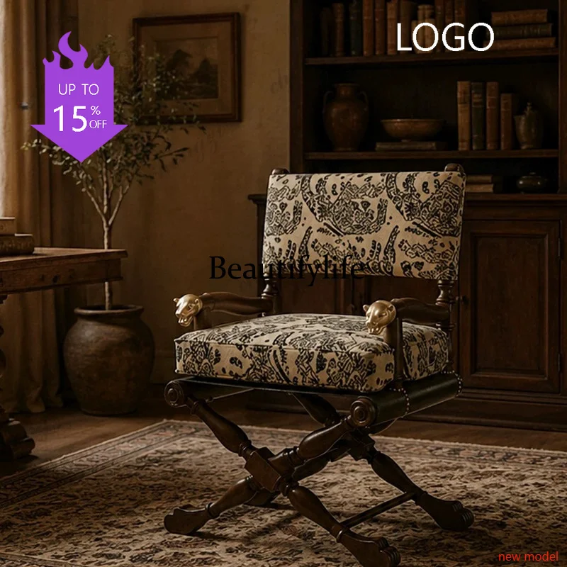 Asmt114   American retro solid wood dining chair, armrest light luxury back chair printed fabric single chairA74