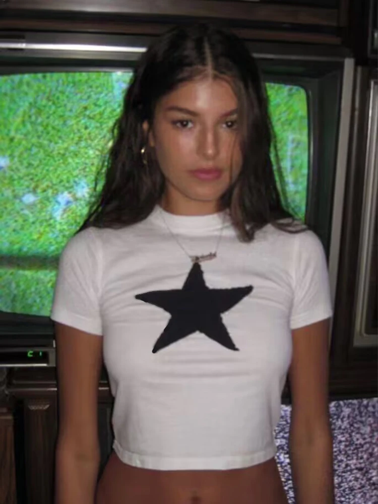 

Y2K Crop Tops Star Tops Harajuku Goth Short Sleeve T-shirts Fashion Grunge Summer E-girl White Slim 2000s Streetwear