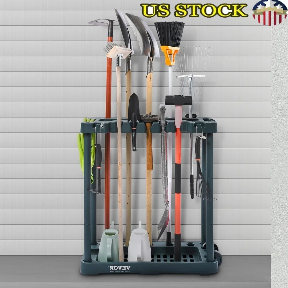 

Garden Tool Storage Rack Organizer 10 Slots Garage Broom Mop Holder Anti-Tipping Design Space Saving Tool Shelf Adjustable Tool