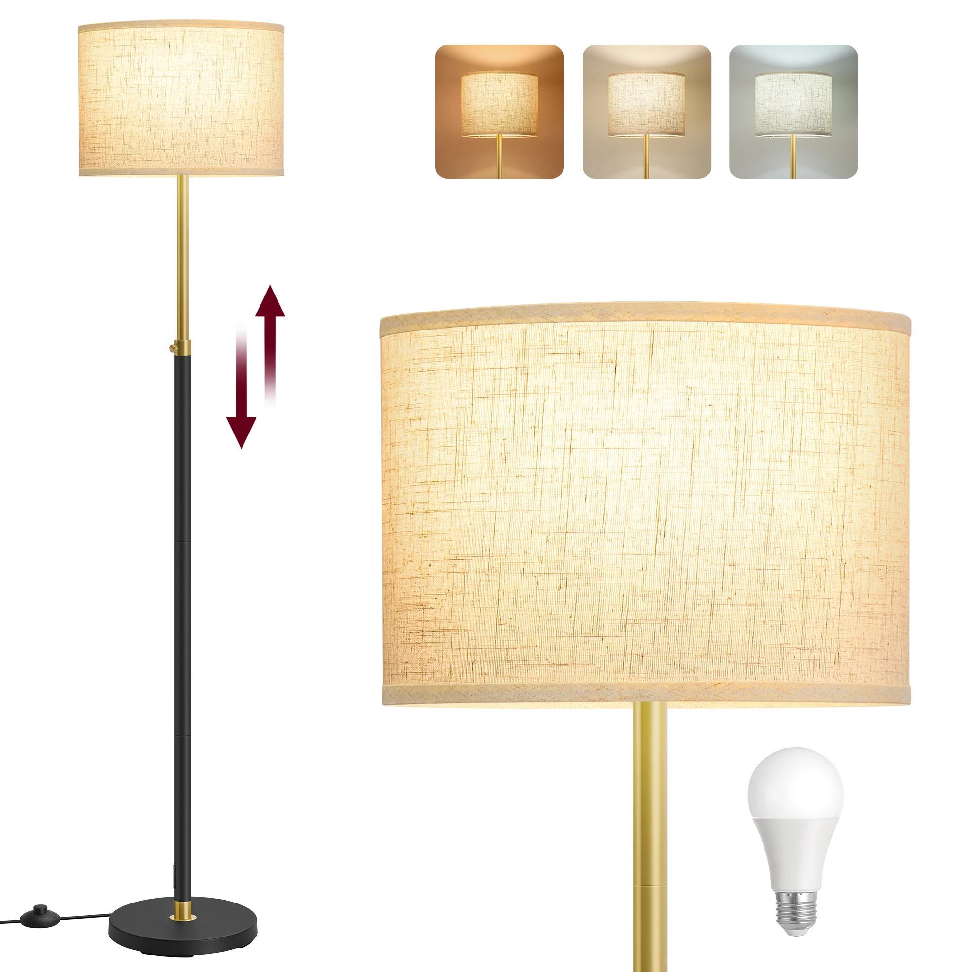 VASAGLE vloerlamp, vloerlamp, in hoogte verstelbare leeslamp, 140-170 cm, met voetknop, stoffen lampenkap - afbeelding 2