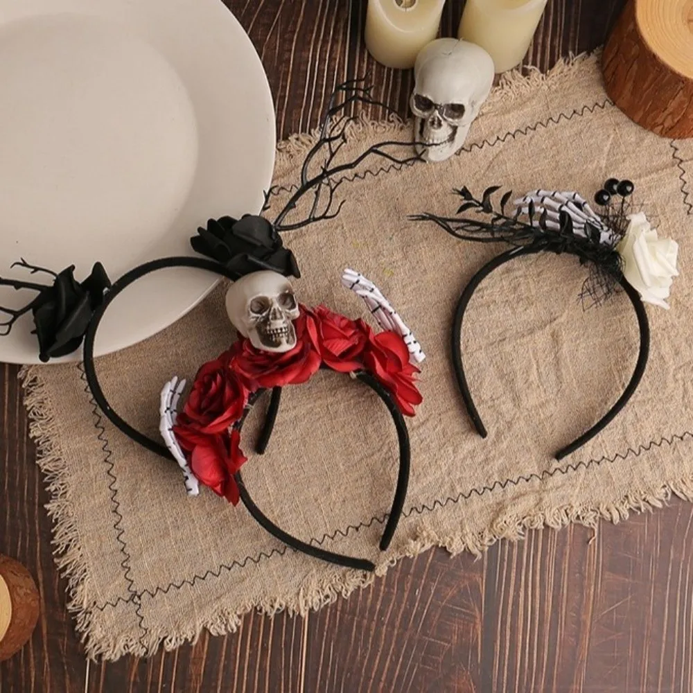 

Rose Flower Halloween Headband Bat Skull Branch Hair Hoop Photographic Props Gothic Halloween Flower Crown
