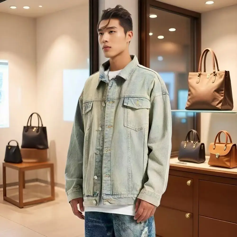 

Retro Washed Denim Jacket for Men and Women Ruffian Handsome Denim Jacket Couple Autumn Vintage Denim Coat Varsity Jacket