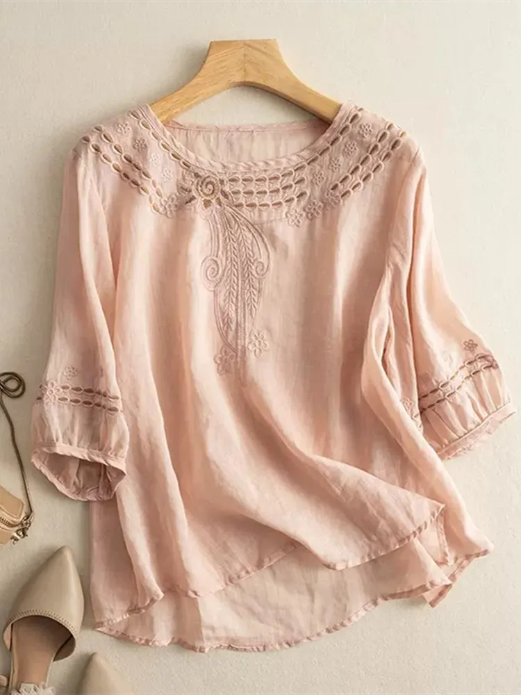 Zwaar borduurwerk linnen katoenmix dames irt zomer 2025, nieuwe artistieke retro losse pasvorm ronde ne katoenen linnen blouse