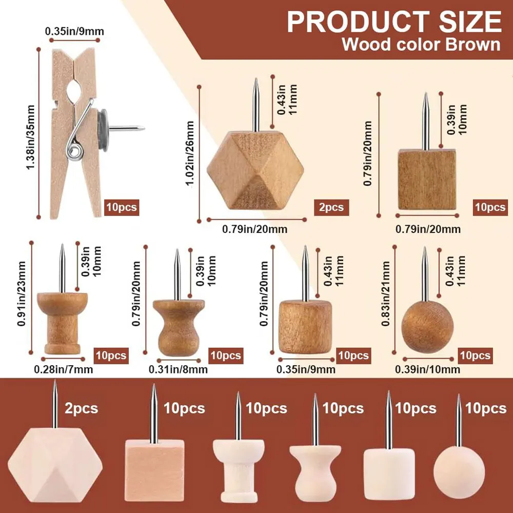 114-Piece Wooden Thumbtack Set, 2 Colors, 7 Styles, Decorative Thumbtacks with Wooden Heads.