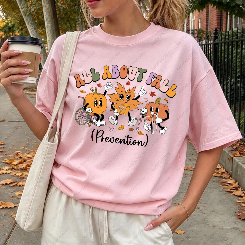 All about Fall Prevention Pumpkin Leaf Graphic Women Casual Short Sleeve Cotton T-Shirt Funny Physical Therapy Therapy Tee Tops