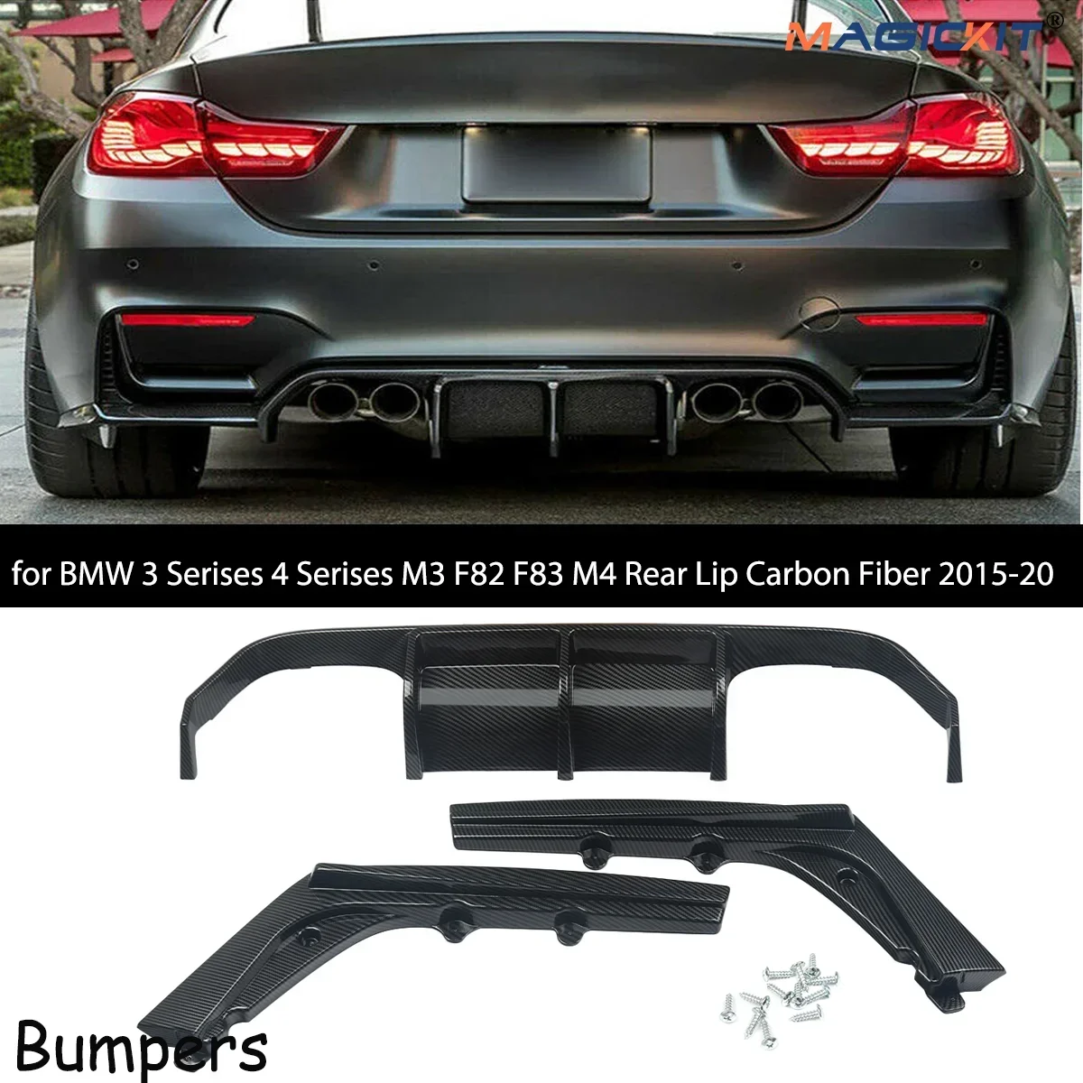 MAGICKIT F80 Car Rear Bumper Diffuser Spoiler for BMW 3 Serises 4 Serises M3 F82 F83 M4 Rear Lip Carbon Fiber 2015-2020