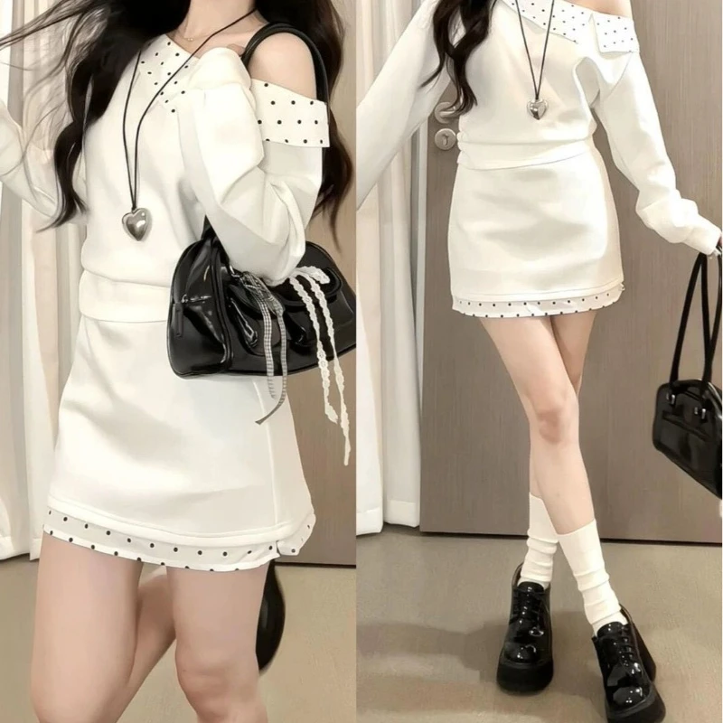 Wear A Suit for Women's Autumn Slanted Shoulder Polka Dot Long-sleeved Sweater + Skirt, A Complete Set