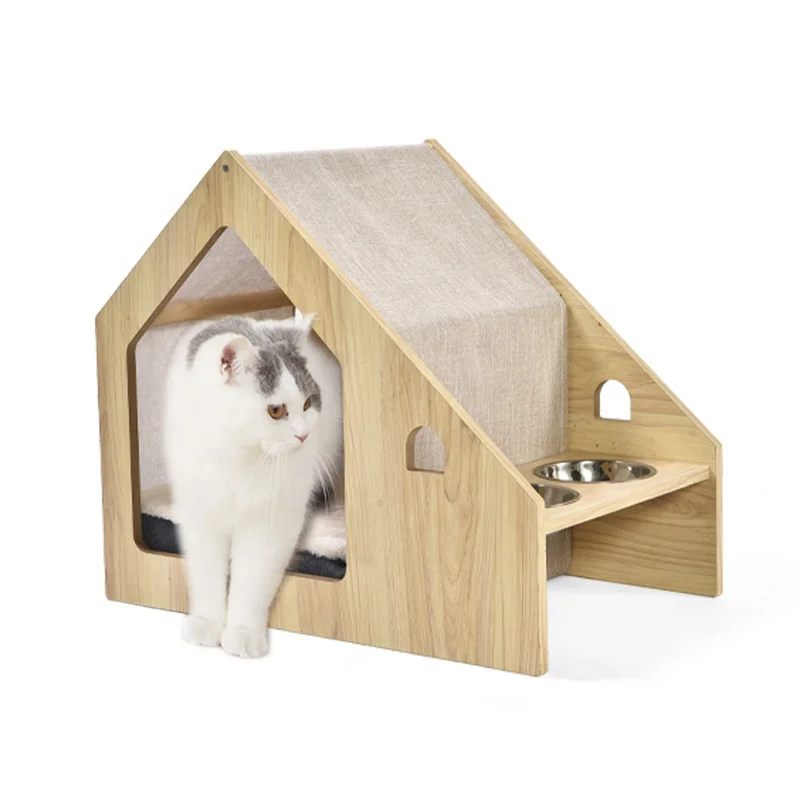 

z New Design Pet Furniture Cave Luxury Modern Double Stainless Steel Bowl Cozy Wooden Pet Cat House