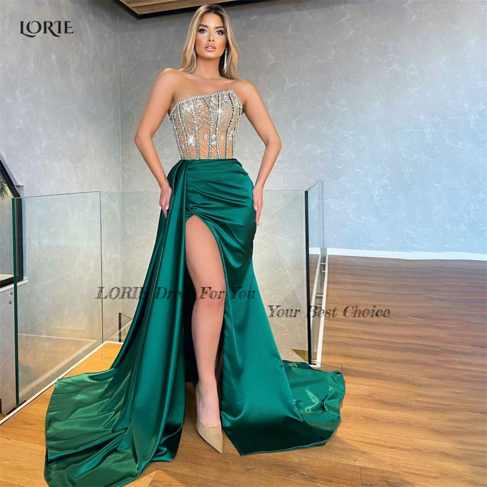 LORIE-Vestidos de Noche verdes con cristales brillantes, vestido de fiesta de sirena de Arabia con abertura lateral, hombros descubiertos, satén