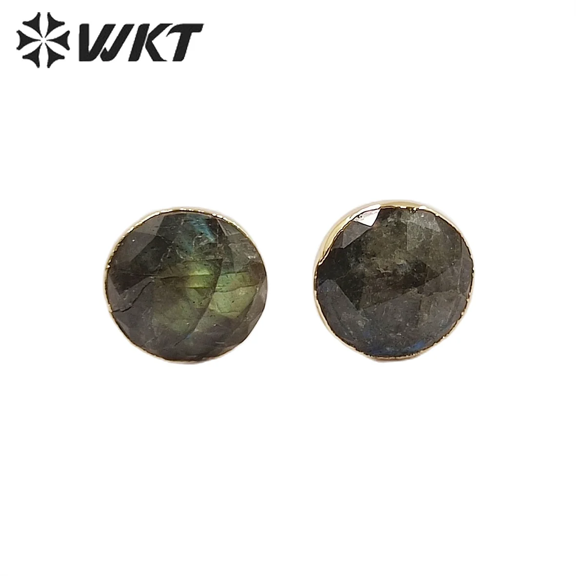 WT-E151 Lovely hot sale sparkly natural labradorite round stud stone with gold dipped multi color stone fashion earrings