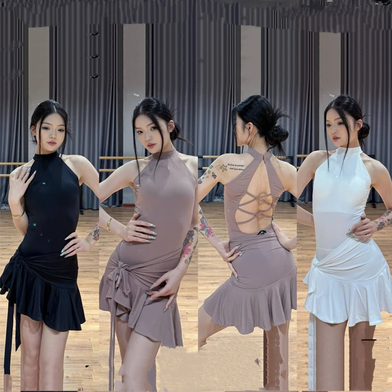 

Женский костюм для выступлений в латиноамериканских танцах, женские тренировочные костюмы, топ без спинки для взрослых, юбки для ча-ча-ча, одежда для бальных танцев SL15504